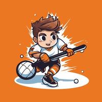 Illustration of a boy playing hockey on an orange background element illustration vector