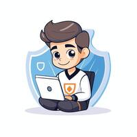 Cute boy using laptop computer element flat cartoon character illustration vector