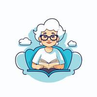 Elderly woman reading book in the clouds element illustration vector
