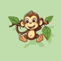 Cute cartoon monkey with green leaves illustration isolated on green background vector