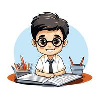 boy student with book and pencils over white background illustration vector