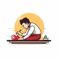 Japanese sushi chef cutting sushi roll illustration in cartoon style vector
