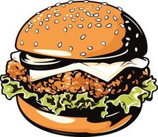 Juicy Sesame Seed Burger with Crispy Chicken and Lettuce vector