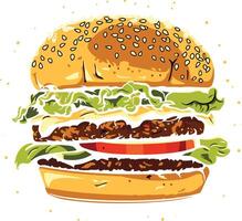 Deliciously Stacked Burger with Sesame Seed Bun vector