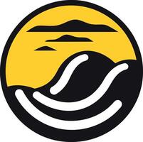 A simple yet striking logo featuring a yellow sun setting over a dark blue ocean, with white waves cresting vector