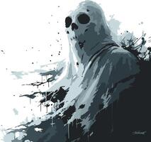 A haunting and abstract illustration of a ghost with a shadowy, skeletal face vector