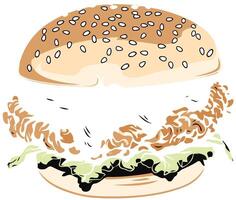 A delicious looking cartoon burger with a sesame seed bun, crispy chicken patty, lettuce, and a generous helping of sauce vector