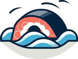 A stylized, cartoon style illustration of a salmon sushi roll half submerged in the ocean waves vector