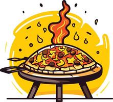A delicious pizza is being cooked in a wood fired oven vector