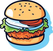 A cartoon style burger with lettuce, tomato, and onion vector