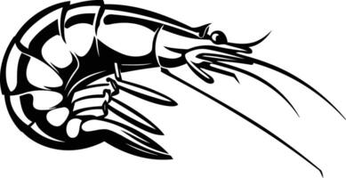 A bold, black and white illustration of a shrimp in a stylized, graphic design vector