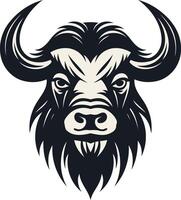 A powerful and intimidating black and white illustration of a buffalo head with large horns, perfect for branding or design projects vector