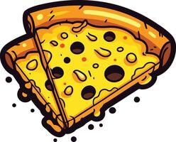 A cartoon illustration of two pizza slices with gooey cheese and toppings vector