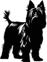 Black and white silhouette of a yorkshire terrier standing on a white background vector