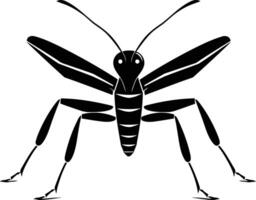 Simple black and white illustration of a stylized insect with long legs and wings vector