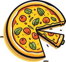 A cartoon style illustration of a pizza with one slice removed, perfect for menu designs, food blogs, and social media posts vector