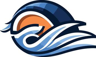 Abstract logo design featuring a stylized wave with a sunburst behind it vector
