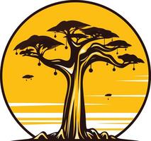 Silhouette of a baobab tree with a sunset background, ideal for branding, logos, and nature themed designs vector