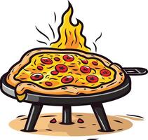 A cartoon pizza with a delicious cheesy topping is being cooked on a stand alone grill with flames erupting from the bottom vector