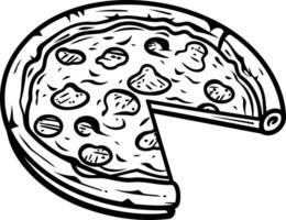 A hand drawn illustration of a pizza with a single slice removed vector