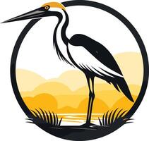 A stylized heron standing in a wetland landscape, perfect for nature themed logos, conservation organizations, or wildlife illustrations vector