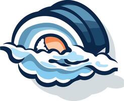 A playful and colorful logo design featuring a stylized sushi roll emerging from a wave vector