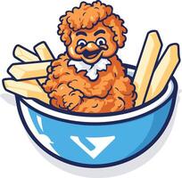 A fun and friendly cartoon chicken mascot submerged in a bowl of fries, perfect for fast food branding and promotions vector