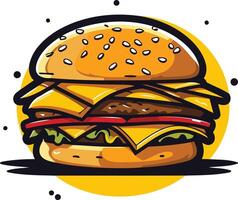 A cartoon-style illustration of a juicy burger with melted cheese, lettuce, and tomato vector