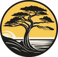 A stylized silhouette of a lone tree on a cliff overlooking the ocean, perfect for branding or design projects vector