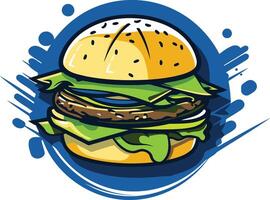 A delicious, cartoon-style burger with lettuce, tomato, and cheese, on a blue background with splatters vector