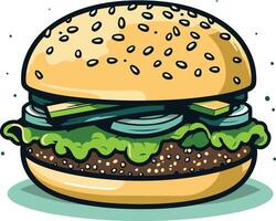 A cheerful, cartoon-style illustration of a classic hamburger with all the fixings vector