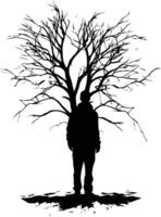 Silhouette of a lone figure standing beneath a bare tree, conveying a sense of solitude and introspection vector