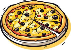 A cartoon pizza with a slice removed, perfect for menus, social media, or any food-related project vector