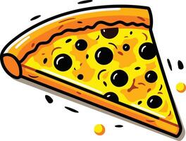 A single slice of pizza with black olives, cheese, and a yellow crust, depicted in a cartoon style vector