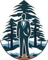 A sophisticated silhouette of a man in a tuxedo, standing tall amidst a serene forest setting vector