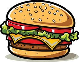 A juicy, cartoon-style hamburger with cheese, lettuce, and tomato, perfect for menu design, food blogs, and social media vector
