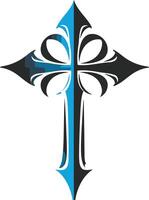 A stylized christian cross with an intricate design in black and blue vector