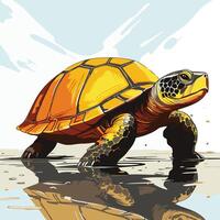 A vibrant illustration of a turtle walking through shallow water, showcasing its detailed shell and reflection vector