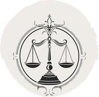 Elegant black and white illustration of a stylized scales of justice within a circular frame vector
