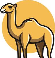A friendly cartoon camel stands against a yellow sun, perfect for branding or illustration projects with a desert or middle eastern theme vector