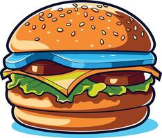 A cartoon-style illustration of a juicy hamburger with lettuce, cheese, and a tomato vector