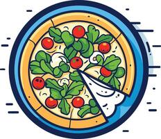 A colorful and playful illustration of a delicious pizza with a single slice removed vector