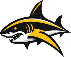 A fierce and dynamic shark logo design in black and yellow, perfect for a sports team, brand, or company seeking a powerful and aggressive visual identity vector