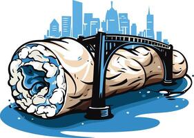 A playful and creative illustration of a giant sushi roll transformed into a bridge, with a city skyline in the background vector