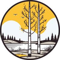 A minimalist and stylish logo design featuring two birch trees by a lake, perfect for nature themed brands and businesses vector