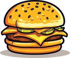 A cartoon illustration of a delicious burger with cheese, pickles, and sesame seeds on the bun vector