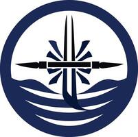 Abstract logo with a stylized sun, waves, and a sword, symbolizing strength, determination, and guidance vector