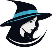 A stylish and modern witch logo design, featuring a woman in a pointed hat with a blue ribbon, perfect for branding halloween events, spooky shops, or mystical businesses vector