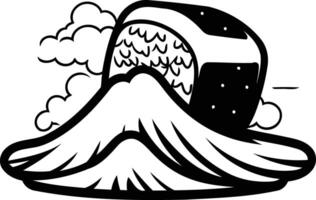 Black and white line art illustration of a mountain with a large rock on top, surrounded by clouds vector