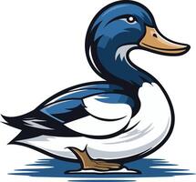 A friendly cartoon duck with blue and white feathers, standing on a blue surface vector